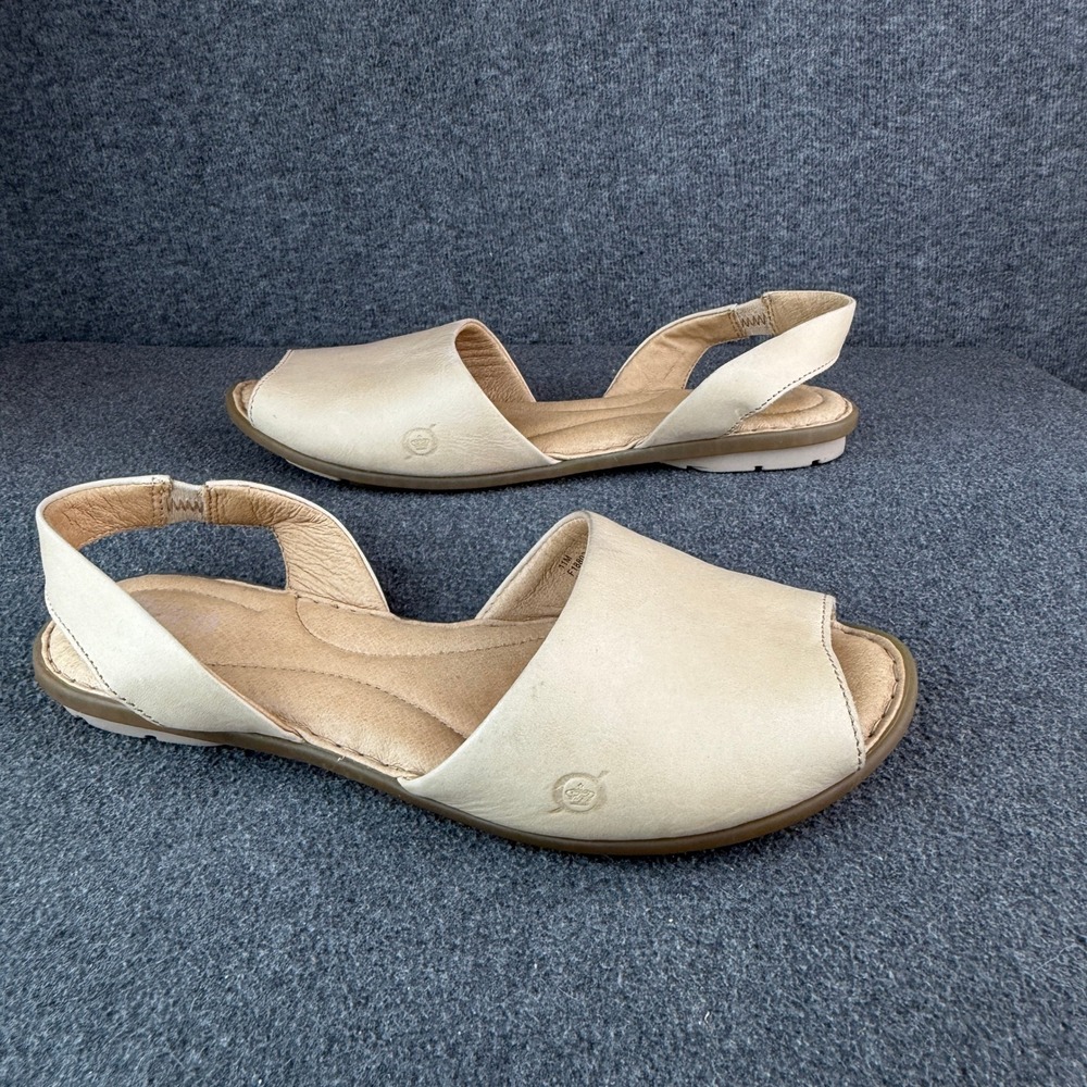 Born Womens Size 11 Beige Leather Slingback Peep Toe Flat Sandals